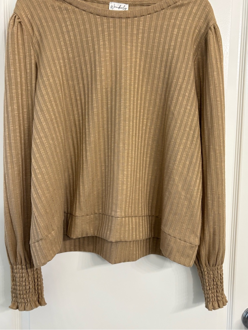 NWT Women's Ribbed Smocked Cuff Shirt- Camel